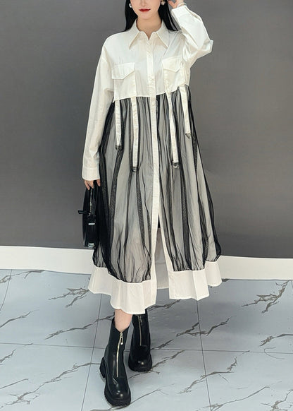 White Peter Pan Collar Asymmetrical Patchwork Long Shirts Dress Spring