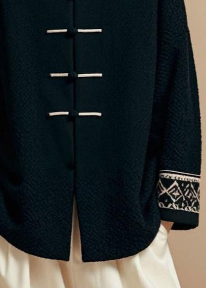 Loose Black Stand Collar Button Cotton Fall Coat