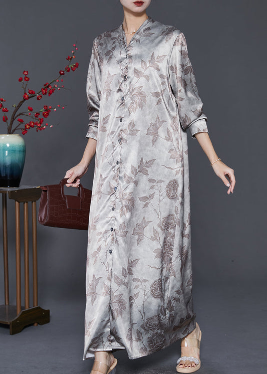 Apricot V Neck Print Silk Maxi Dresses Spring