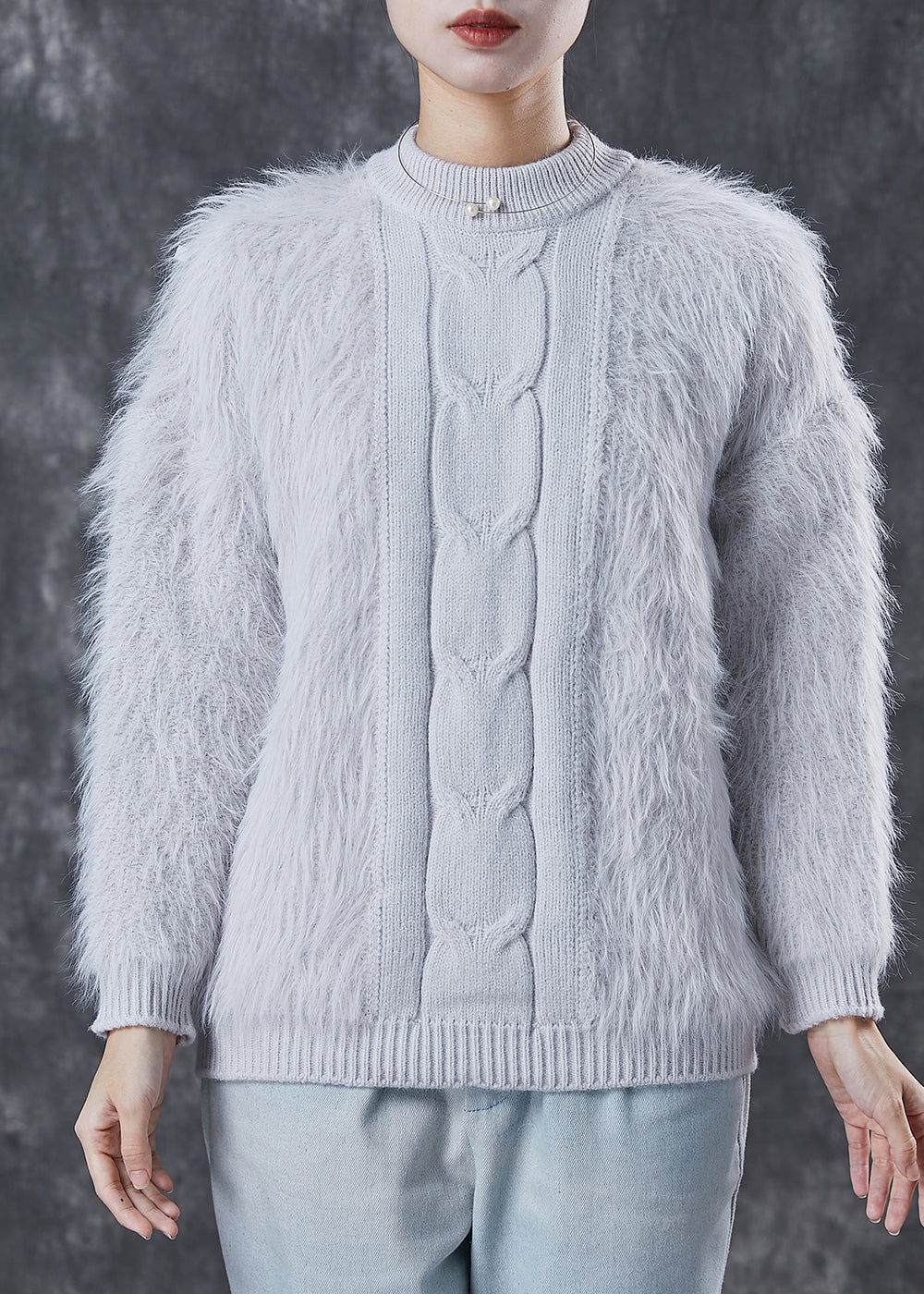 Grey Thick Patchwork Knit Short Sweater Winter