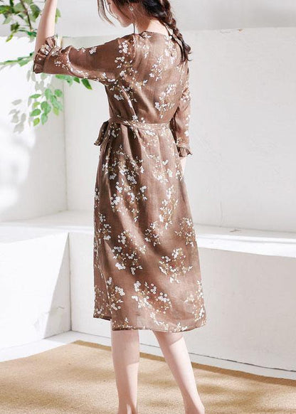 Chocolate Ruffled Patchwork Print Summer Ramie Dress Half Sleeve