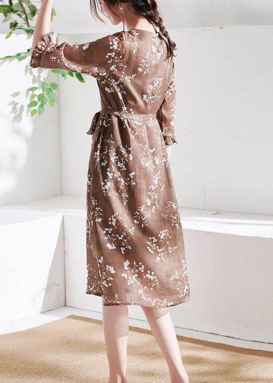Chocolate Ruffled Patchwork Print Summer Ramie Dress Half Sleeve