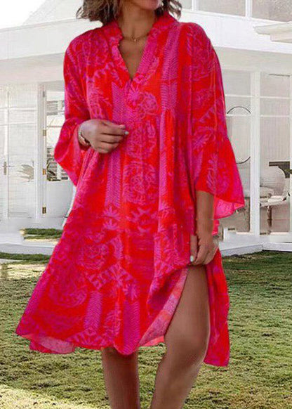 Red V Neck Print Maxi Dress Spring
