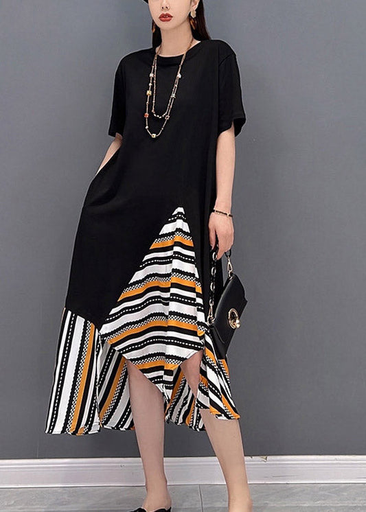 Stylish Black O-neck Asymmetrical Chiffon Patchwork Long Dress Short Sleeve