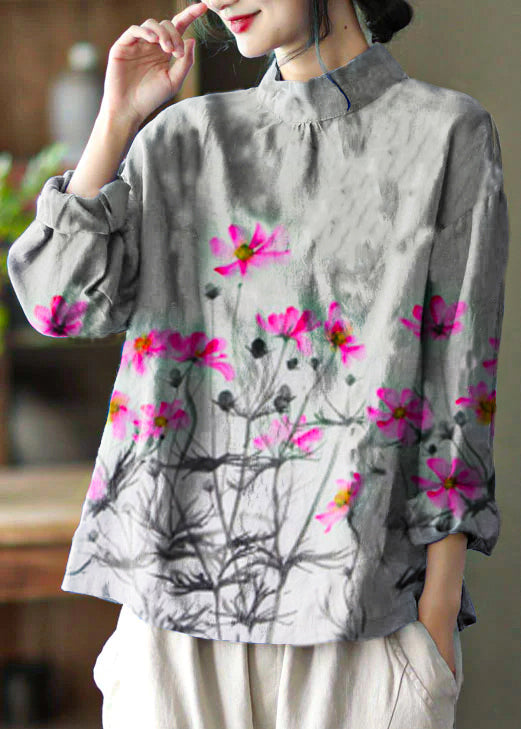 Stylish Gray Flower Embroidered Retro Linen Blouse Tops Spring