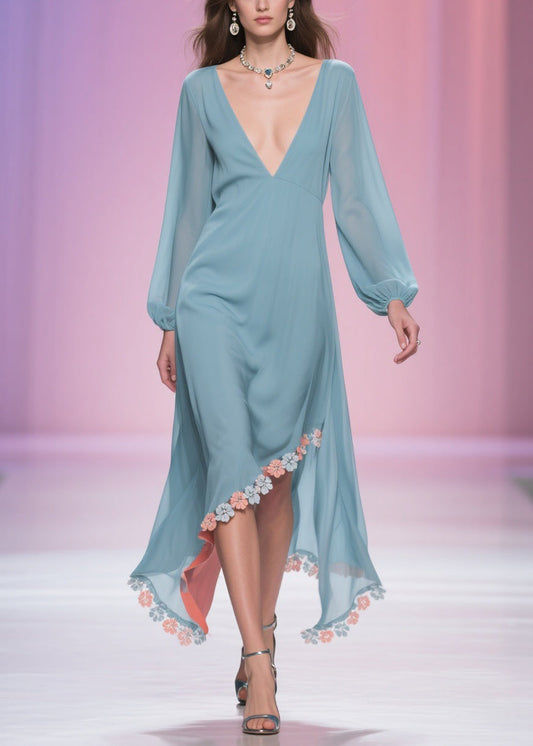 Blue Asymmetrical Chiffon Long Dress Spring