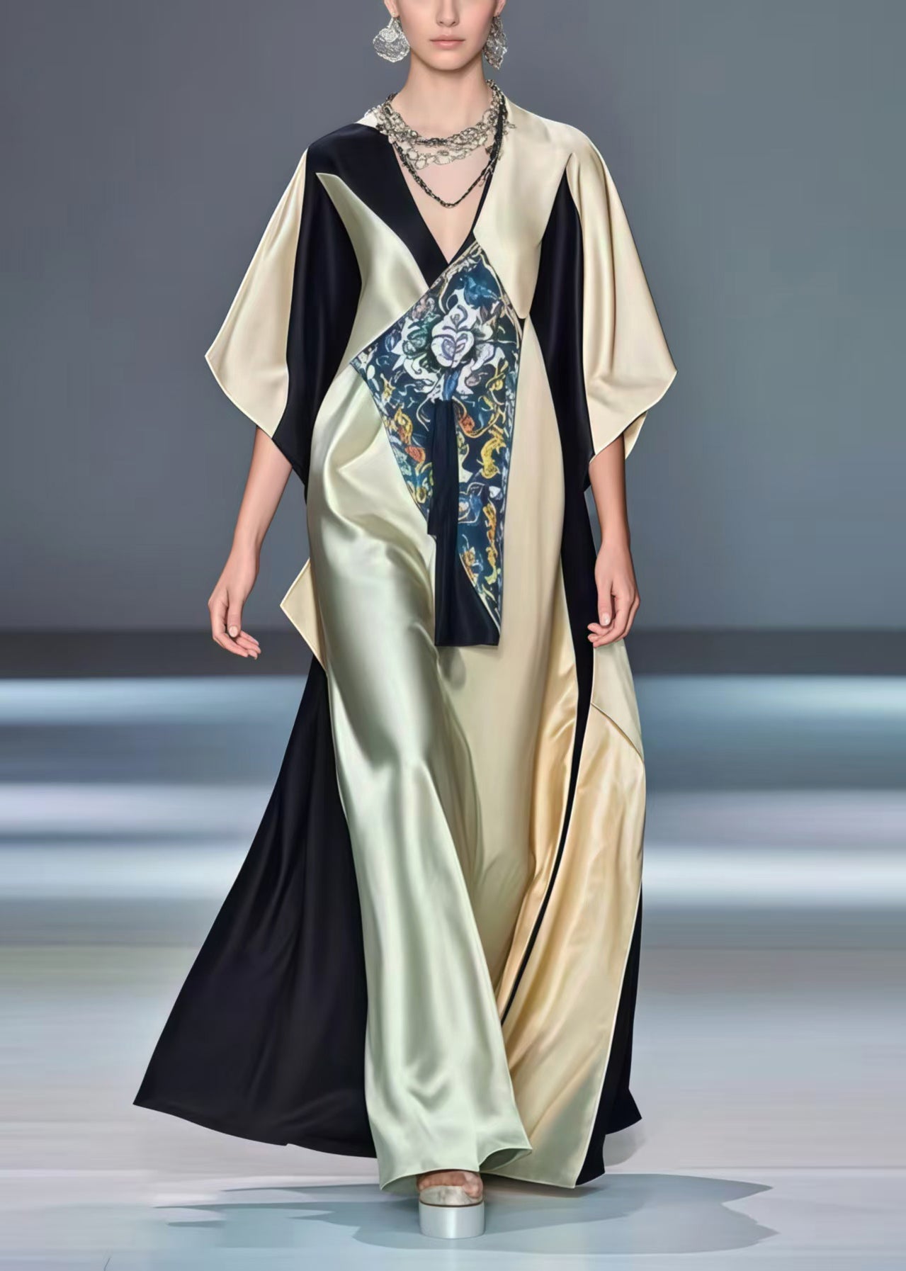 Colorblock Asymmetrical Design Oversized Silk Robe Dresses Summer