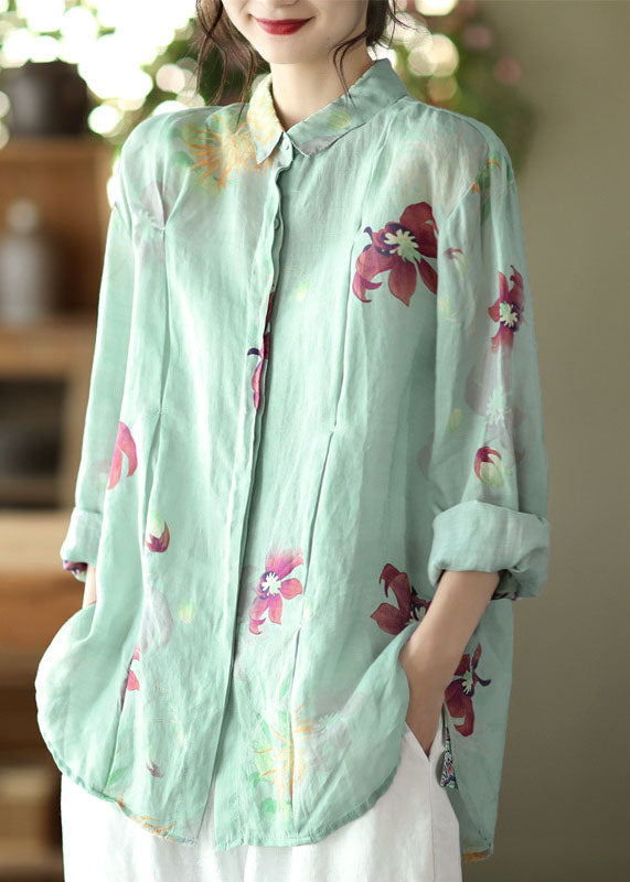 Light Green Button Peter Pan Collar Linen Blouses Spring