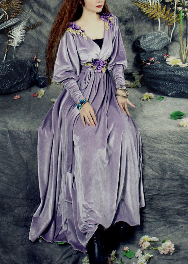 Purple V Neck Applique Tie Waist Silk Velour Maxi Dresses Spring