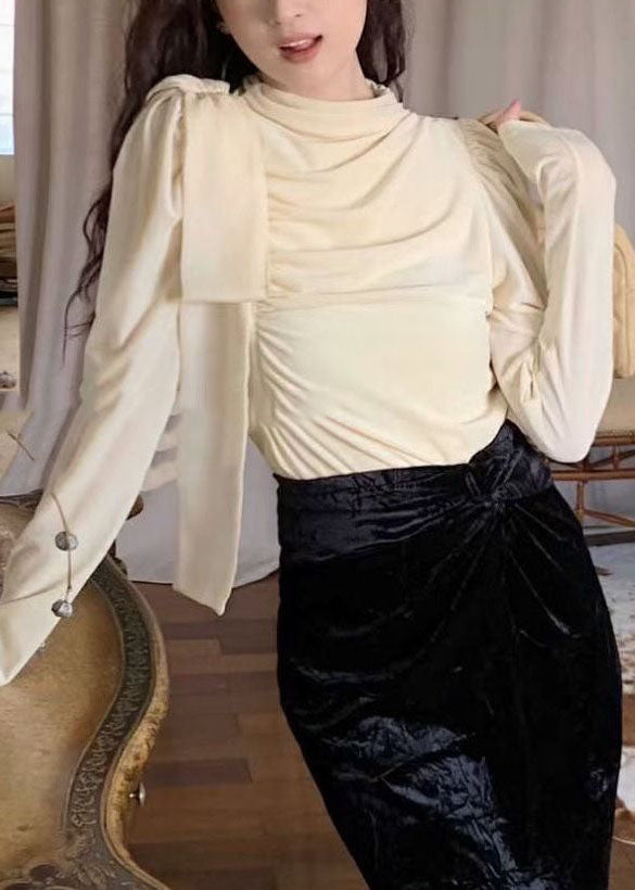 Coffee Turtleneck Wrinkled Bow Silk Velour Shirt Puff Sleeve