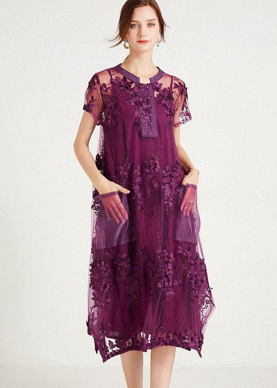Purple O-neck a Line Summer Short Sleeve Two Pieces Set
