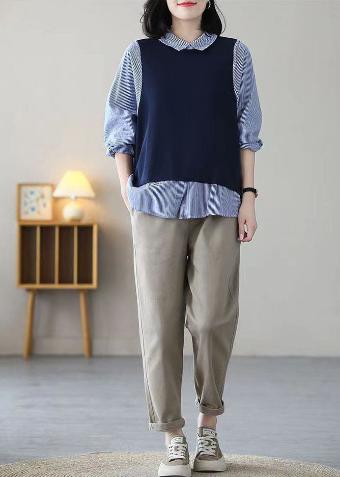 Navy Peter Pan Collar Patchwork Striped Cotton Fake Two Piece Tops Spring