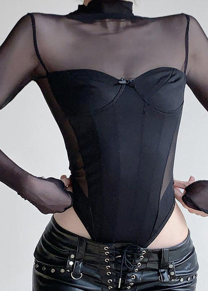 Black Turtleneck Tulle Bodysuit