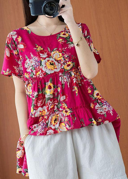 Rose Print Cinched Cotton Linen Blouses Summer