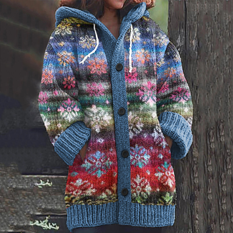 Cotton Hooded Cardigan with Rainbow Gradient Floral Ombré Design