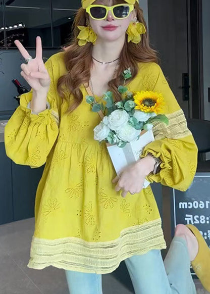 Yellow V Neck Patchwork Cotton Blouse Tops Lantern Sleeve