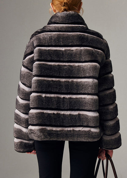 Italian Striped Stand Collar Pockets Leather and Fur Coat Winter