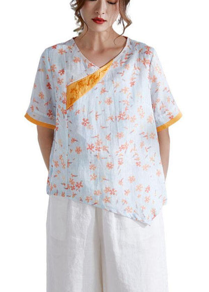 Modern Orange V-neck Patchwork Print Summer Ramie Top