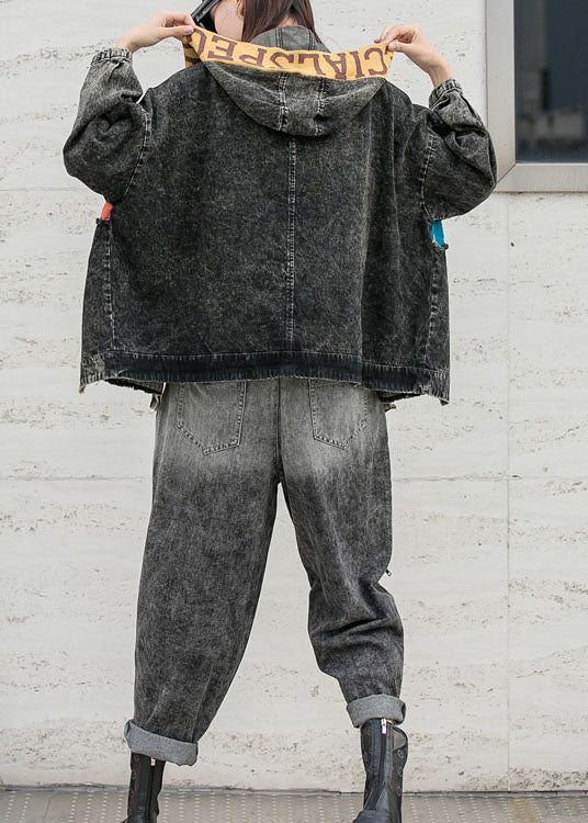 Fitted Denim Patchwork Knit Hooded Pockets Fall Coat Long Sleeve