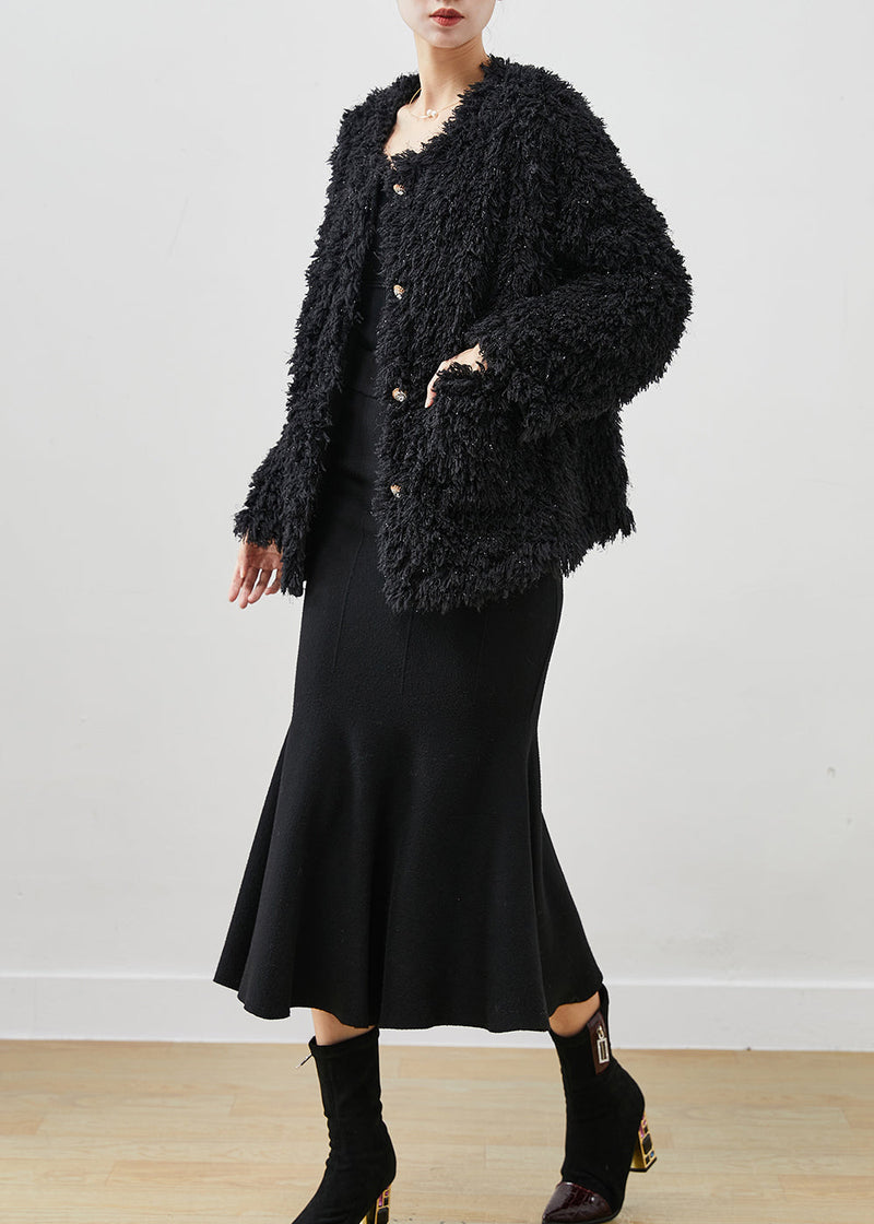 Modern Black Sequins Faux Fur Coats and Dress Two-piece Set Winter
