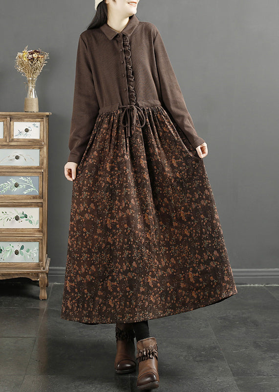 Coffee Ruffled Print Knit Patchwork Long Dress Long Sleeve