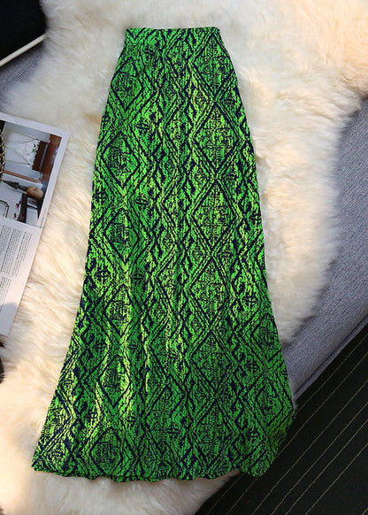 Green Elastic Waist Print Draping Silk Skirt Summer