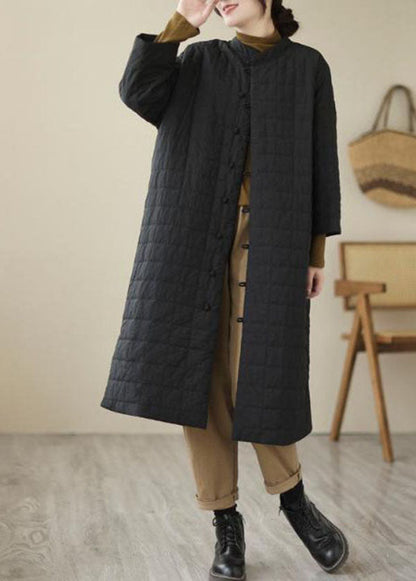 Loose Black Stand Collar Side Open Oriental Button Witner Coats
