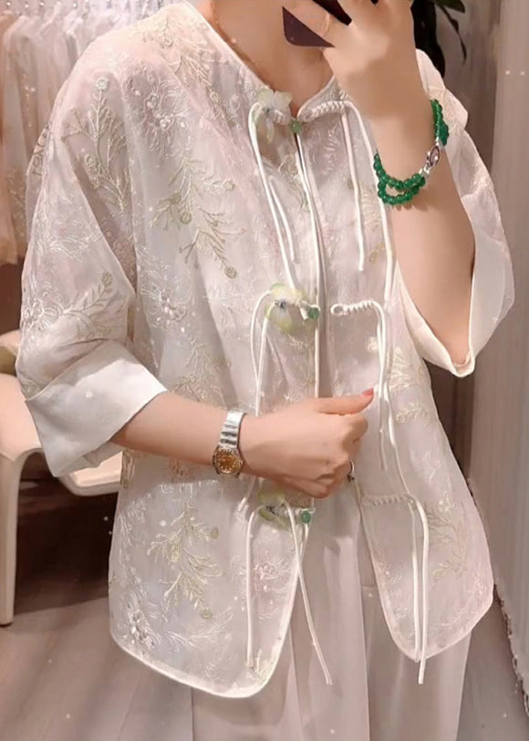 White Embroideried Chinese Button Patchwork Silk Blouses Summer