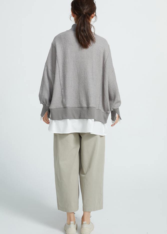 Italian Gray Cotton Crane Tops False Two Pieces Knee Spring Tops