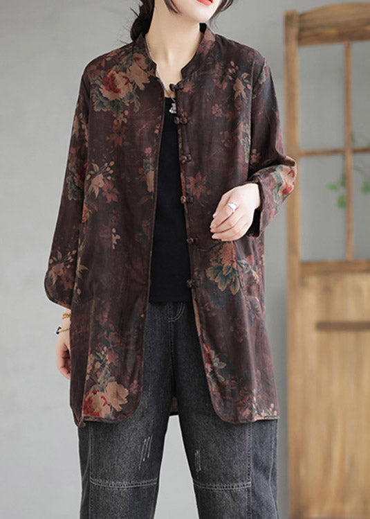 Coffee Stand Collar Print Button Linen Coat Long Sleeve