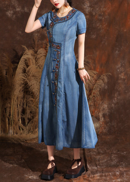 Handmade Light Blue O-neck Asymmetrical Embroidered Button Maxi Denim Dresses Summer