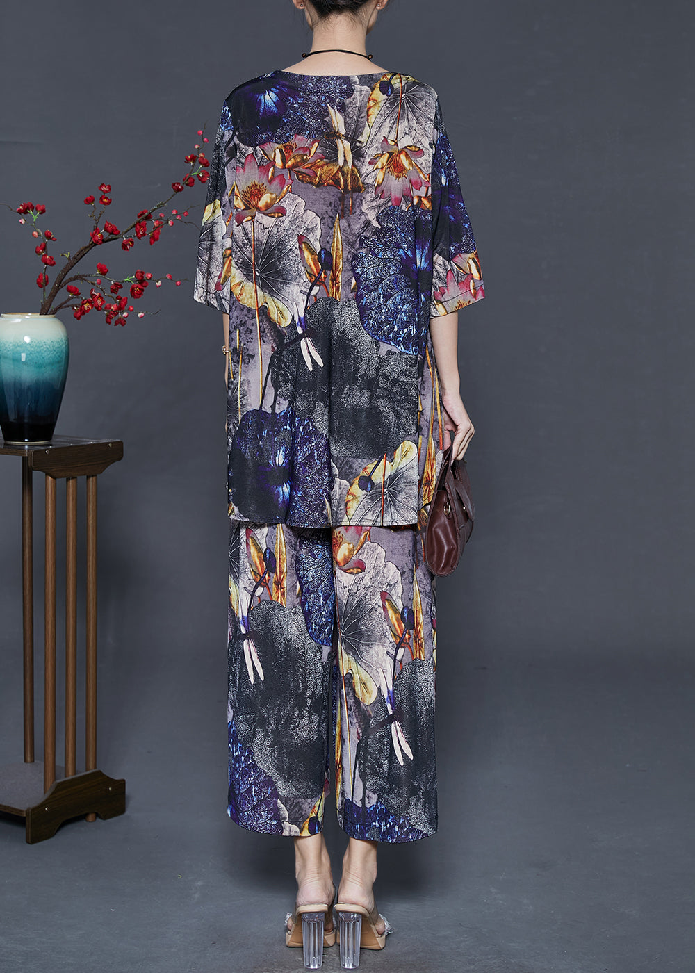 Black Oversized Print Chiffon Two Pieces Set Summer