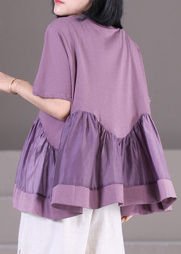 Purple Wrinkled Patchwork Cotton Loose Tank Tops Short Sleeve