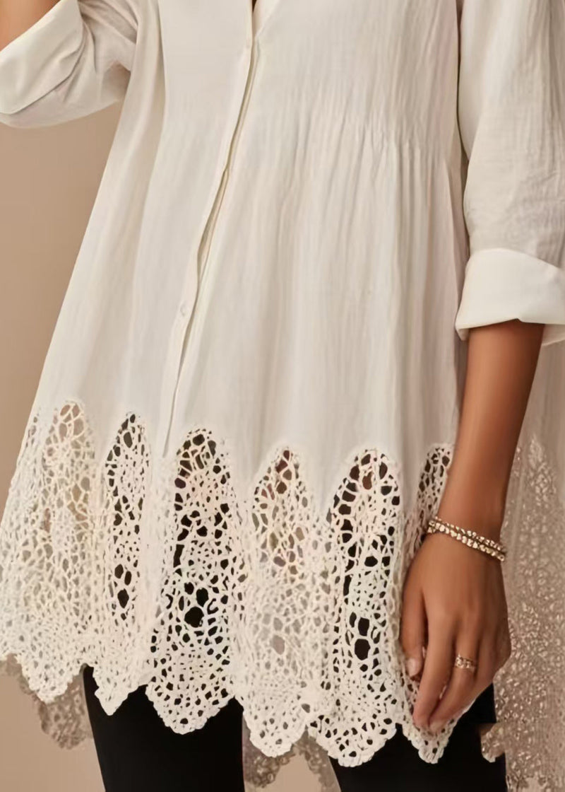 White Oversized Hollow Out Cotton Long Top Spring