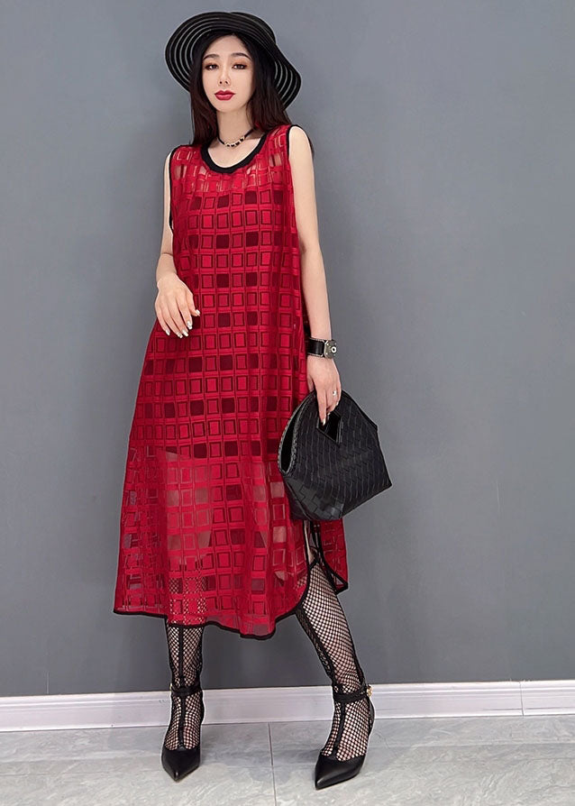 Style Red O-neck Side Open Plaid Chiffon Long Dress Sleeveless