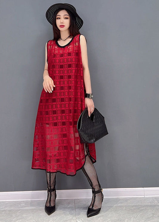 Style Red O-neck Side Open Plaid Chiffon Long Dress Sleeveless