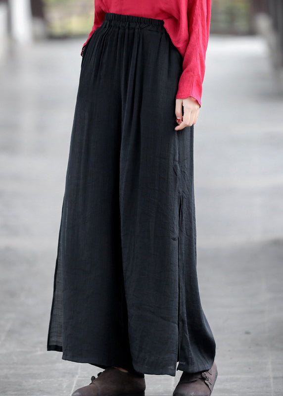 Black Elastic Waist Side Open Double-deck Linen Wide Leg Pants Summer