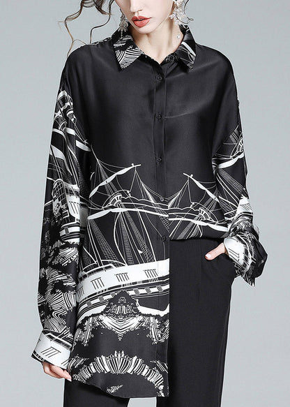 Black Peter Pan Collar Print Button Silk Shirt Long Sleeve