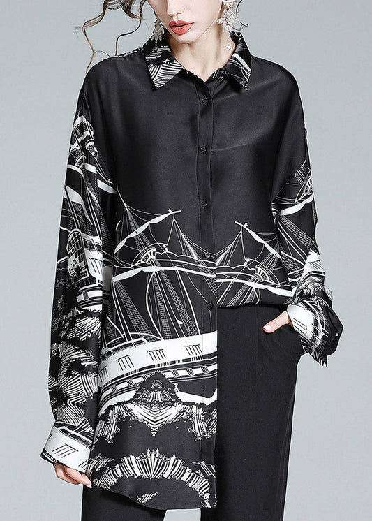 Black Peter Pan Collar Print Button Silk Shirt Long Sleeve