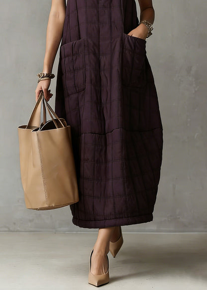 Loose Purple Plaid Pockets Tank Dresses Sleeveless