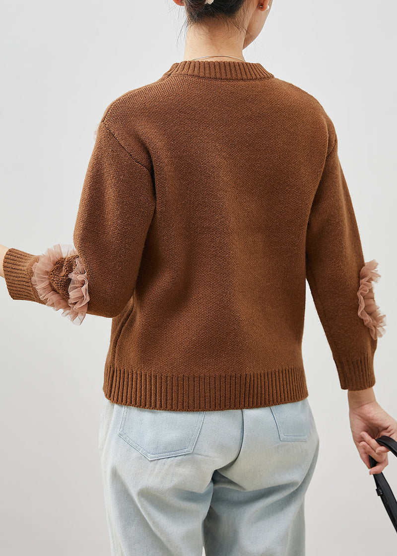 Diy Coffee Ruffled Patchwork Cozy Knit Sweater Tops Winter