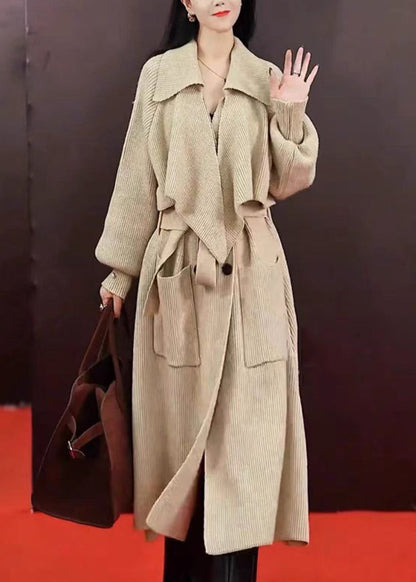 Grey Peter Pan Collar Pockets Tie Waist Knit Long Coats Winter