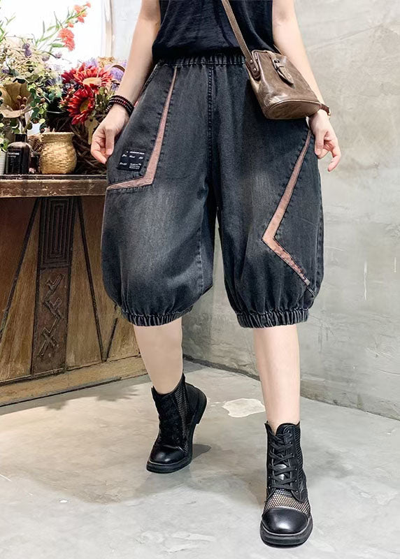 Black Grey Elastic Waist Asymmetrical Applique Cotton Denim Crop Pants Summer