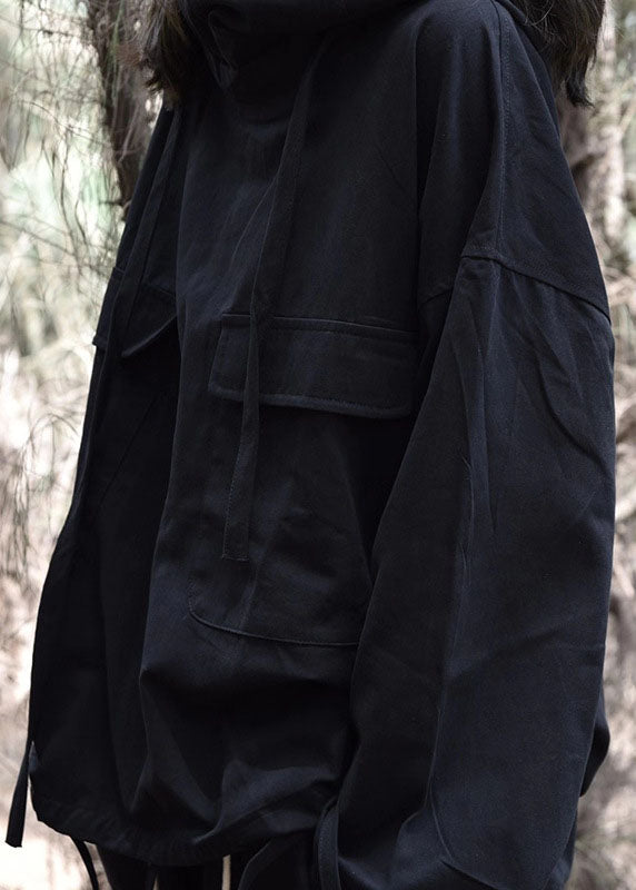 French Black Drawstring Hooded Pockets Sweatshirts Tops Spring