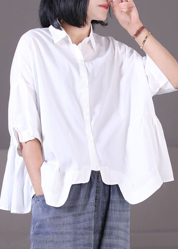 Khaki Peter Pan Collar Asymmetrical Design Patchwork Wrinkled Cotton Shirt Tops Short Sleeve
