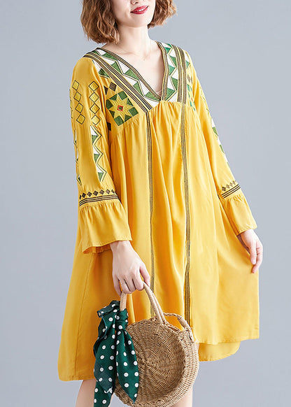 Yellow V Neck a Line Dress Long Sleeve
