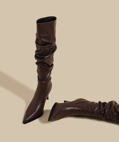 Splicing Stiletto Boots Brown Faux Leather Pointed Toe