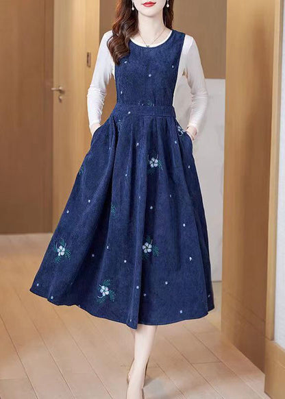 French Blue Embroideried Patchwork Corduroy Two Pieces Set Fall