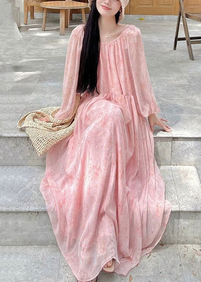 Pink Print Wrinkled Lace Up Chiffon Long Dress Fall