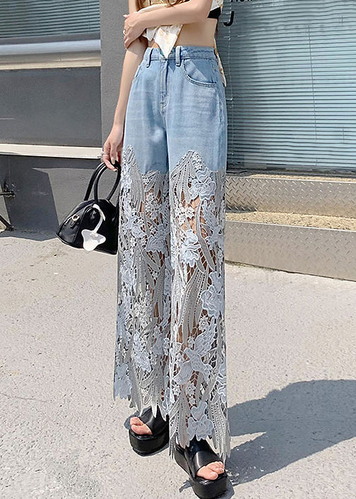 Blue Hollow Out Lace Patchwork Denim Pants Summer